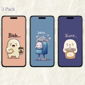Könnte beinhalten: Drei Telefonbildschirme mit Cartoon-Illustrationen. Einer zeigt einen Charakter mit dem Text "Bleh..." mit einer Kaffeetasse und einem Gebäck. Ein anderer hat einen Briefkasten mit dem Text "Inbox...". Der letzte zeigt "Slurp..." beim Trinken von Kaffee.