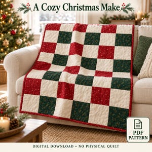 Christmas Quilt Pattern PDF, Easy Patchwork Quilt, Red Green Cottage Throw, 36 x 48 Inch Quilt, A4 US Letter A0 Templates