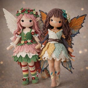 Puede incluir: Dos muñecas de hadas de ganchillo hechas a mano. Una muñeca tiene cabello rosado, un vestido verde y rosa y alas blancas. La otra muñeca tiene cabello castaño, un vestido multicolor y alas naranjas y azules. Ambas muñecas tienen adornos florales.