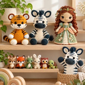 Könnte beinhalten: Eine Sammlung gehäkelter Stofftiere und eine Puppe auf Holzregalen. Das Set enthält einen Tiger, zwei Zebras, eine Prinzessinnenpuppe mit langem braunem Haar, einen Hirsch, einen Fuchs, einen Drachen, einen Hasen, eine Eule und eine Schildkröte.