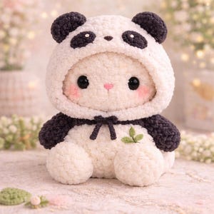 Puede incluir: Un juguete de peluche de panda hecho a mano con un cuerpo blanco y una capucha de panda en blanco y negro. El juguete tiene ojos negros, mejillas rosadas y un pequeño lazo con una hoja. El peluche está sobre una superficie rosa claro.