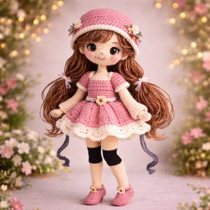 Puede incluir: Muñeca de ganchillo hecha a mano con un vestido rosa y sombrero y zapatos a juego. La muñeca tiene pelo largo castaño y está adornada con pequeñas flores. El vestido tiene un ribete de encaje blanco y una hebilla con forma de flor. Las piernas de la muñeca tienen rodilleras negras.