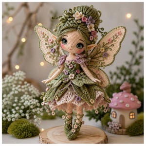 Puede incluir: Muñeca de hada de ganchillo hecha a mano, con un diseño caprichoso. La muñeca presenta una combinación de colores verde y rosa, con alas detalladas, una corona floral y un vestido en forma de hoja. La muñeca está sobre una rodaja de madera.