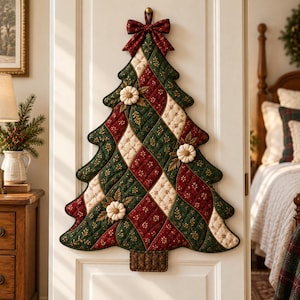 Quilted Christmas Tree Sewing Pattern PDF, Patchwork Wall Hanging with Fabric Bow & Flowers, A4 US Letter A0 Templates