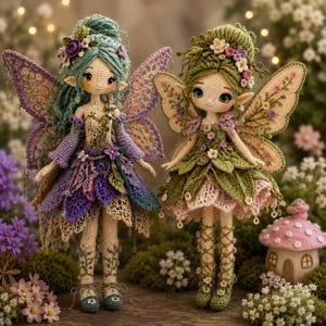 Peut inclure: Deux poupées fées faites à la main au crochet. L'une porte une robe violette et bleue avec des ailes assorties, l'autre une robe verte avec des accents roses. Les deux poupées ont des décorations florales dans les cheveux et sont entourées de fleurs.