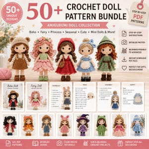 Puede incluir: Un paquete digital de más de 50 patrones de muñecas a ganchillo con diseños amigurumi. La imagen muestra cinco muñecas tejidas con diversos atuendos, junto con textos instructivos, listas de materiales y fotos de otros modelos.