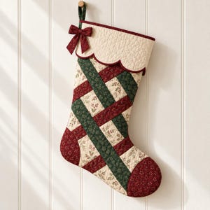 Quilted Christmas Stocking Sewing Pattern PDF, Scalloped Cuff & Bow, Patchwork Holiday Decor, A4 Letter A0, Winter Ribbon
