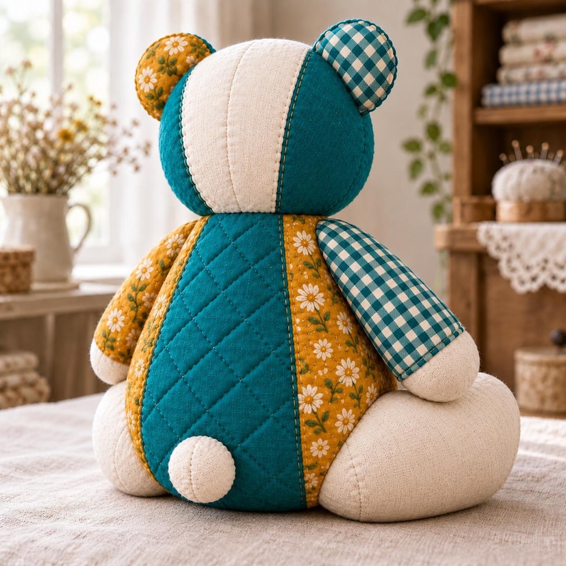 Quilted Teddy Bear Sewing Pattern PDF, Meadow Blossom Patchwork Bear ...