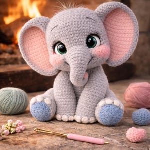 Puede incluir: Un elefante de ganchillo gris hecho a mano con grandes ojos verdes expresivos, mejillas rosadas y pies azules. El elefante tiene orejas grandes con detalles internos rosas. Un ganchillo rosa y ovillos de lana están cerca. El fondo muestra una chimenea cálida.