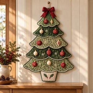 Puede incluir: Un tapiz acolchado con forma de árbol de Navidad, con paneles de tela verde oscuro y claro con bordados de copos de nieve dorados. Está decorado con adornos rojos y crema y rematado con un gran lazo de tela de color rojo.