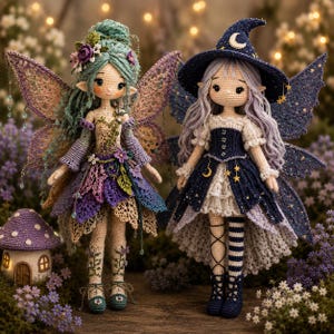 Può includere: Due bambole all'uncinetto fatte a mano: una fata con ali e vestito viola e verde, l'altra una strega con abito e cappello blu navy. Entrambe le bambole hanno i capelli lunghi e si trovano in un giardino con una casa a forma di fungo.
