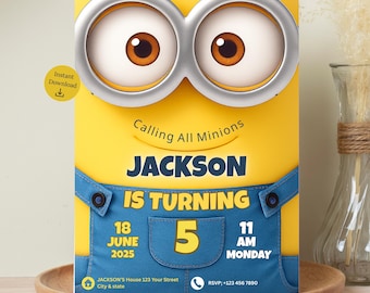編集可能な子供向けミニオン誕生日パーティー招待状テンプレート / 子供向けミニオンパーティー招待状テンプレート / 子供向け誕生日パーティー招待状
