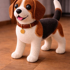 Puede incluir: Perro beagle de ganchillo con pelaje marrón y blanco, un collar marrón y una etiqueta dorada. El perro tiene grandes ojos negros y una lengua rosa. El perro está de pie sobre un suelo de madera.