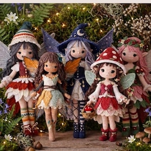 Puede incluir: Un grupo de cinco hadas de ganchillo hechas a mano con alas, vestidos y sombreros detallados. Las hadas son de varios colores, incluyendo rojo, blanco, azul y marrón. La imagen incluye el texto "Handmade with Love - Crochet Fairies".