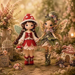 Puede incluir: Dos muñecas de hadas hechas a mano con ganchillo. Una muñeca lleva un gorro y un vestido de seta rojos, sosteniendo una cesta. La otra muñeca lleva un vestido verde y adornos florales. Ambas tienen alas y se dan la mano. Un letrero dice "Believe in Magic".