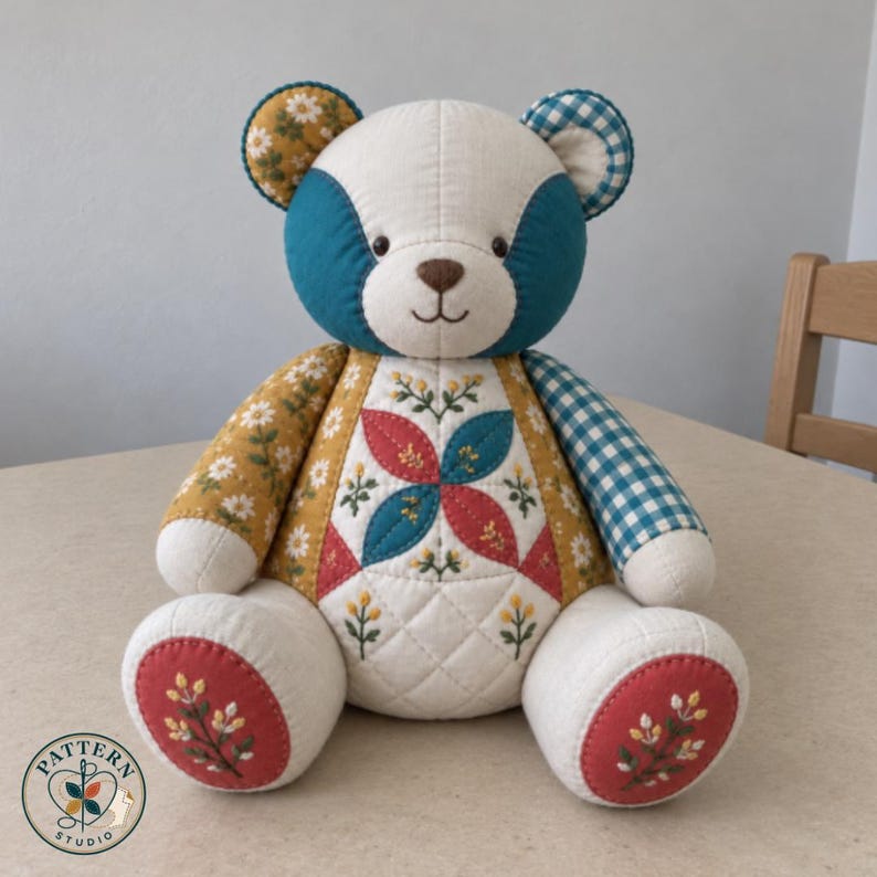 Quilted Teddy Bear Sewing Pattern PDF, Meadow Blossom Patchwork Bear ...