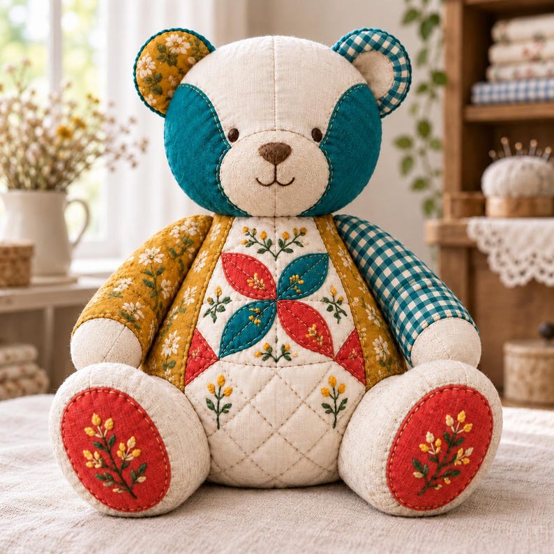 Quilted Teddy Bear Sewing Pattern PDF, Meadow Blossom Patchwork Bear ...