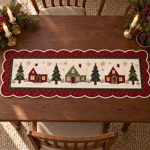 Christmas Village Table Runner PDF Sewing Pattern, Scalloped Quilted Runner, Cottage Applique, A4 Letter A0 Templates