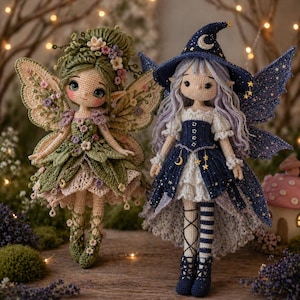Puede incluir: Dos muñecas de ganchillo hechas a mano. Una muñeca está vestida con un atuendo de hada verde y rosa con detalles florales y alas. La otra muñeca está vestida con un atuendo de bruja azul con detalles de luna y estrellas, un sombrero y alas. Ambas muñecas tienen pelo largo.