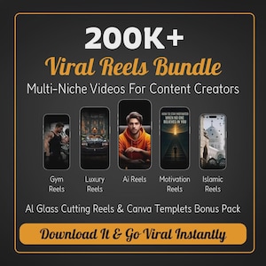 Puede incluir: Un gráfico promocional con el texto "200K+ Viral Reels Bundle" y "Multi-Niche Videos For Content Creators". Presenta maquetas de teléfonos inteligentes que muestran contenido relacionado con Reels de Gimnasio, Lujo, IA, Motivación e Islámicos. El gráfico también incluye el texto "Download It & Go Viral Instantly."