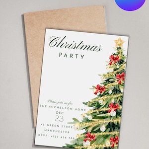 Puede incluir: Invitación a una fiesta de Navidad, 12,7 x 17,8 cm, con un diseño de árbol de Navidad en acuarela, lazos rojos y una estrella dorada. La invitación incluye detalles del evento e información de RSVP.