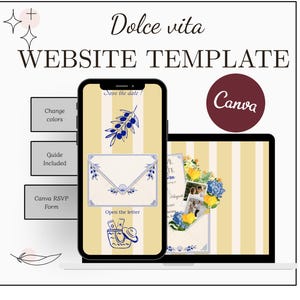 Peut inclure: Un modèle de site web présentant un smartphone et un ordinateur portable affichant un design à rayures jaunes et blanches avec des illustrations d'oliviers bleues, une enveloppe et le texte Dolce vita, WEBSITE TEMPLATE et Canva.