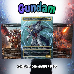 May include: A complete Commander deck featuring three trading cards with Gundam-themed illustrations. The cards showcase detailed artwork of mecha-style characters, with text including "Keiga, the Tide Star" and "Hellkite Courser". The word "Gundam" is displayed in a colorful font.