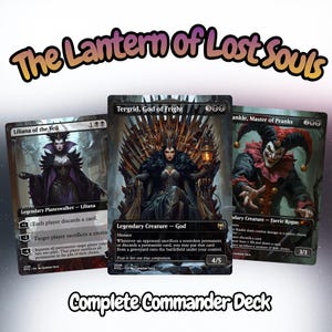 May include: Complete Commander Deck featuring three Magic: The Gathering cards. The cards include "Liliana of the Veil", "Tergrid, God of Fright", and "Rankle, Master of Pranks". The text "The Lantern of Lost Souls" is at the top.