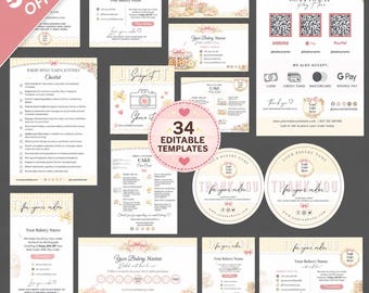 Bakery Branding Starter Kit Canva | Home Bakery Business Bundle | Editable Canva Templates | Thank You Cards & Scan To Pay | Printable kit