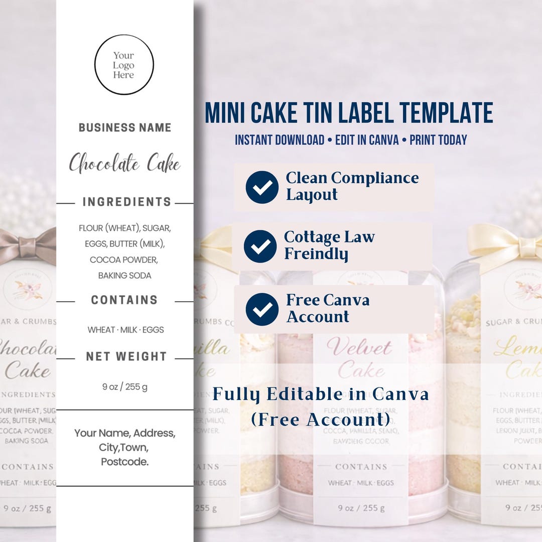 Mini Cake Tin Label Template | Printable 2x8 Inch Bakery Ingredients ...