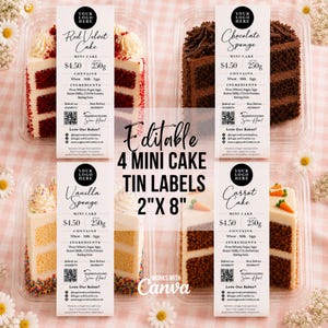 Könnte beinhalten: Vier bearbeitbare Etiketten für Minikuchen in der Größe 2 x 8 Zoll mit schwarzem Text auf weißem Papier. Die Etiketten zeigen Produktnamen wie Red Velvet, Chocolate Sponge, Vanilla Sponge und Carrot Cake sowie Zutatenlisten und QR-Codes.