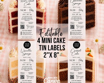 Editable Mini Cake Tin Labels 2x8"| Mini Loaf Cake Stickers | Cottage Food Labels | Bakery Ingredient Labels | Canva Template |Market Stall
