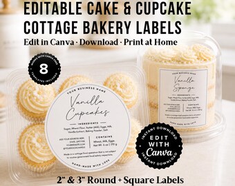 Printable Bakery Circle Sticker Sheet, Editable Canva Vanilla Cake and Cupcake Labels 2” and 3” Cottage Food Packaging, Small business Label