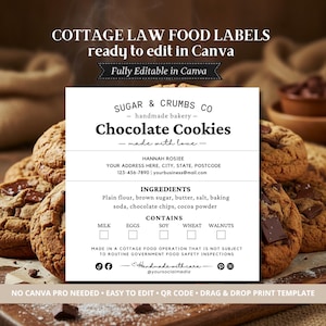 Mallar för etiketter för kakor med QR-kod för hembakning | Ingrediensetiketter för hembakning | Redigerbara Canvas-klistermärken | Skriv ut etiketter för hemlagad mat