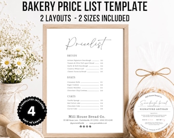 Editable Bakery Price List Template | Farmers Market Menu Sign | Cottage Food Business Display | Printable Canva Bakery Pricing Sheet