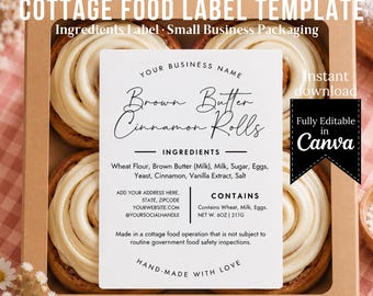 Cottage Food Label Template Canva Editable | Bakery Packaging Label | Ingredients Sticker | Cottage Law Food Label |Small Business Packaging