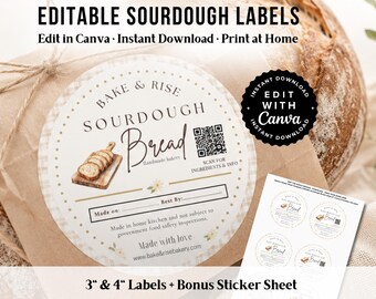 Printable Sourdough Bakery Circle Sticker Sheet Templates | Editable Canva Bread and Bakery Labels | 3” & 4” Cottage Food Packaging