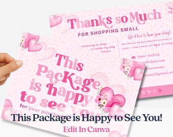 Pink Red Hearts Thank You Card Template Canva | Editable Customer Business Packaging, DIY cute pink Retro Thank You Insert QR Canva Template