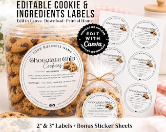 Cottage Food Cookie Label Template | Editable Ingredients Label | 2" and 3" Round Bakery Sticker Sheet | A4 & US Letter Canva Printable