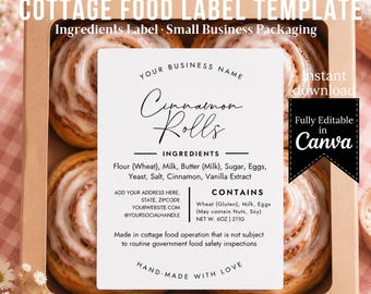 Editable Cinnamon Roll Label Template | Cottage Food Label Canva | Ingredients Sticker | Bakery Packaging | Small Business Label | Printable