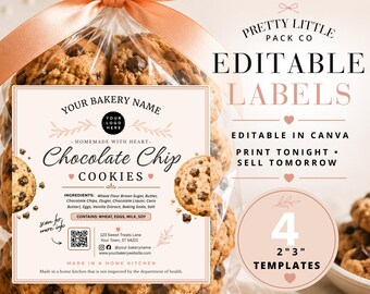Printable Bakery Circle QR Sticker Sheet, Editable Canva Chocolate Chip Cookies Labels 2” and 3”, Cottage Food Packaging, US Letter Template