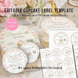 Printable Cupcake & Cake Labels – Editable Bakery Sticker Template – Ingredient and QR Code Labels – Canva