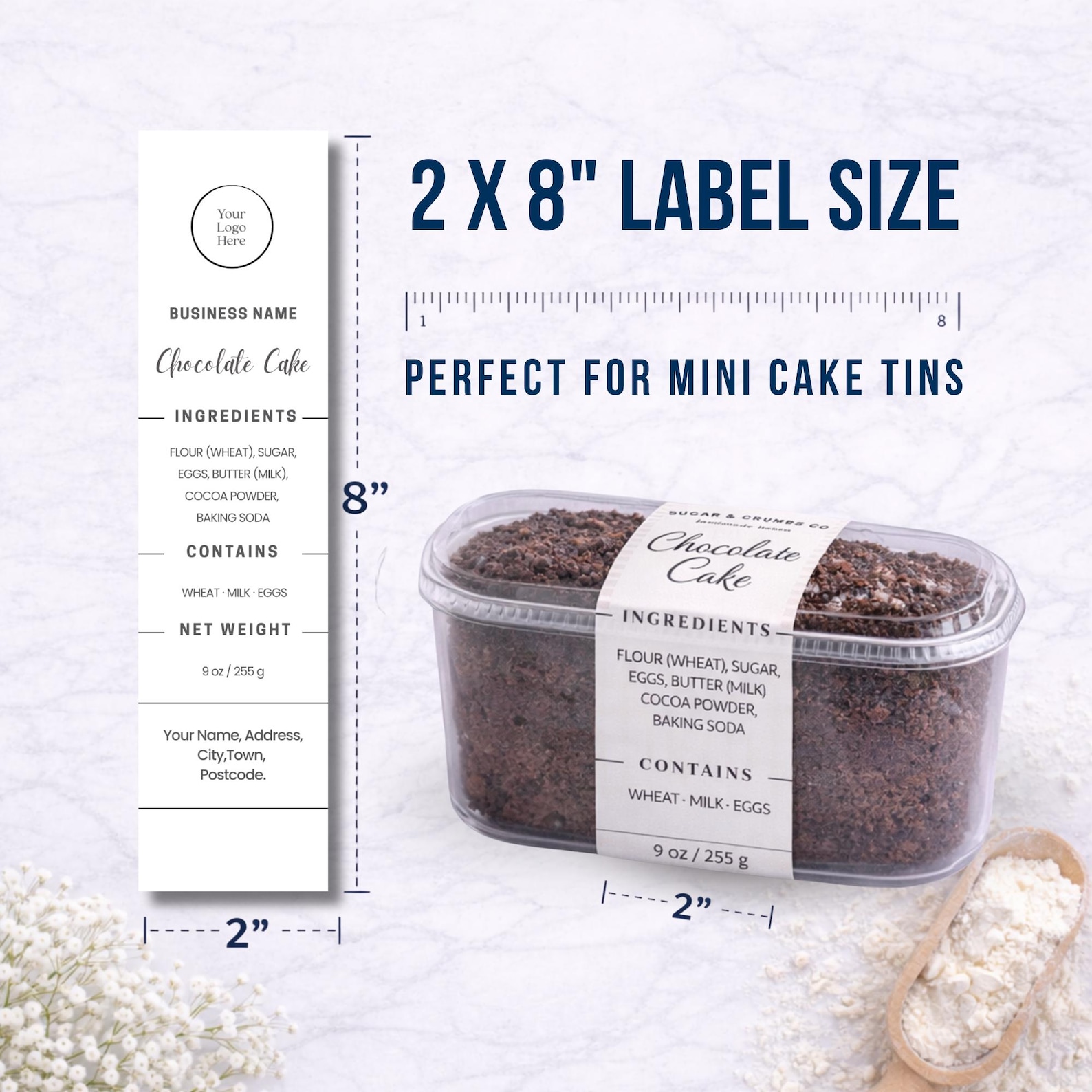 Mini Cake Tin Label Template | Printable 2x8 Inch Bakery Ingredients ...