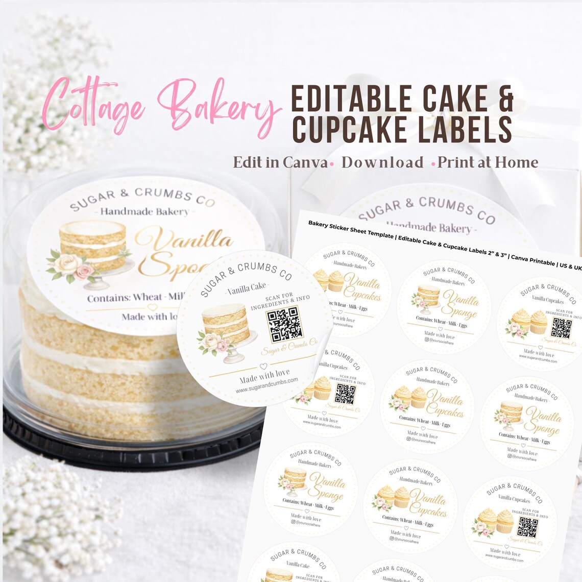 Printable Bakery Circle Sticker Sheet, Editable Canva Vanilla Cake and ...