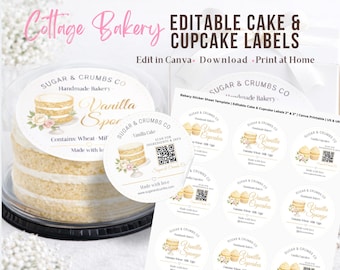 Printable Bakery Circle Sticker Sheet, Editable Canva Vanilla Cake and Cupcake Labels 2” and 3”, Cottage Food Packaging, US and UK Letter