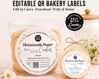 Editable Cookie Label Template Canva | Cottage Food Label | Bakery Ingredients Sticker | QR Code Packaging Label, Printable bakery Label