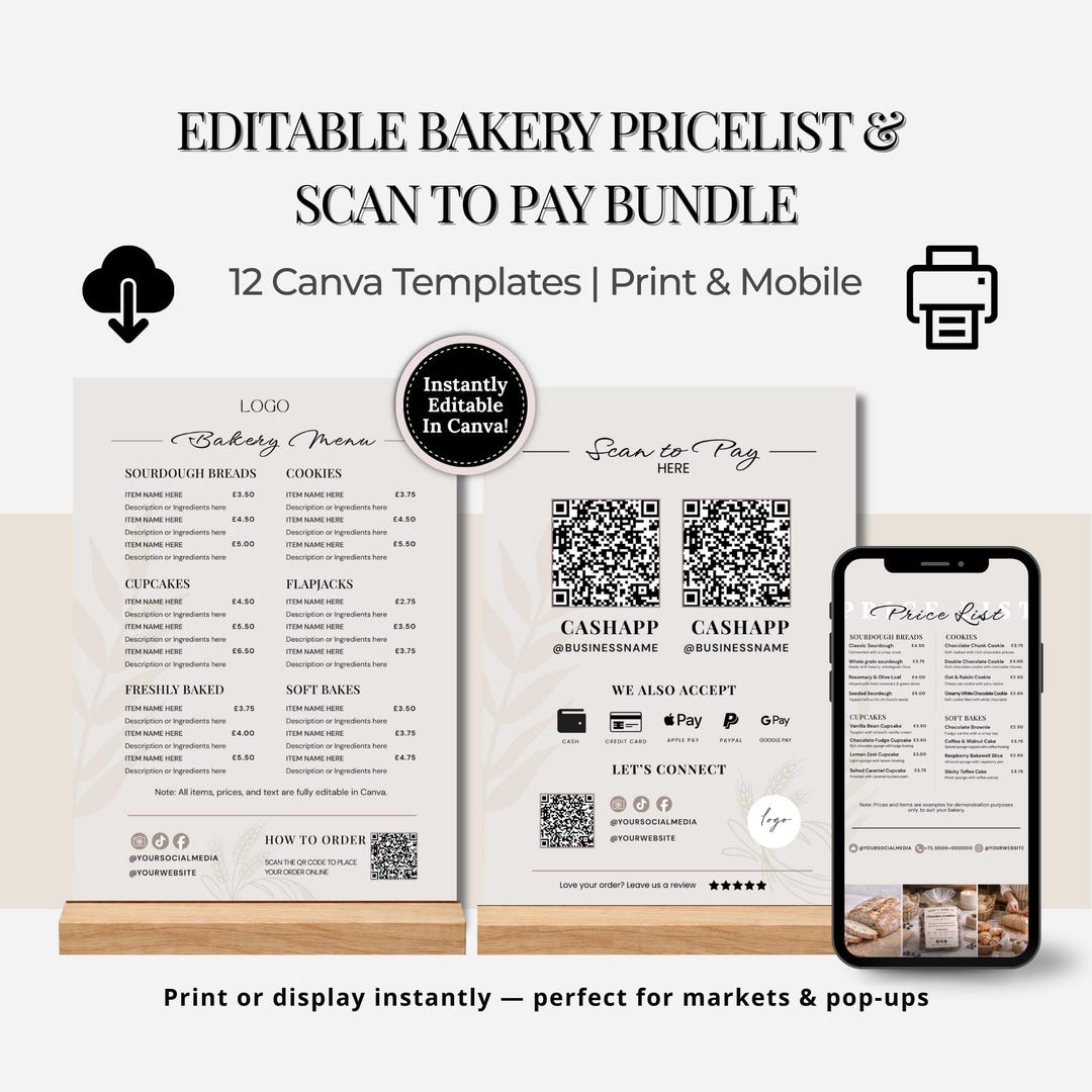 Canva Bakery Price List & Scan to Pay Template | Bundle Price List ...