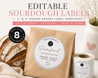 Editable Sourdough Bread Bag Labels | 8 Bakery Label Templates | 3" & 4" Round Stickers | QR Labels | Canva Template, Home Bakery Packaging