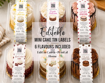 Editable Mini Cake Tin Labels 2x8" | Mini Loaf Cake Stickers | Cottage Food Labels, Bakery Ingredient Labels | Canva Template | Market Stall