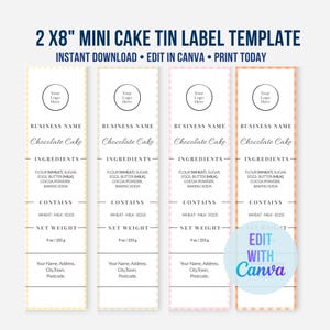 Mall för etiketter för minikakformar | Utskrivbar etikett för bageriingredienser på 5 x 20 cm | Redigerbar etikett för minikakformar på canvas | Klistermärke för bageriklistermärken från Cottage Law